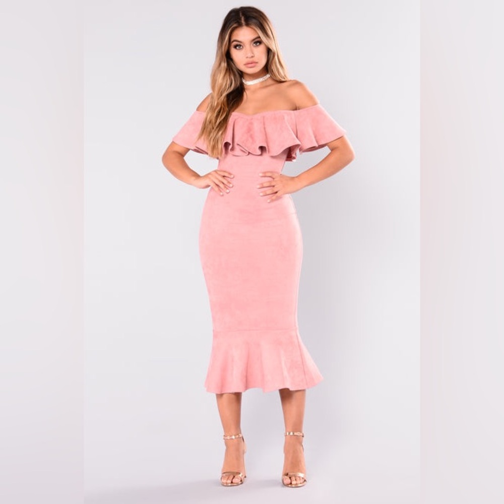 Fashion Nova Pink Ruffled Off-Shoulder Bodycon Midi Dress - Picture 1 of 8